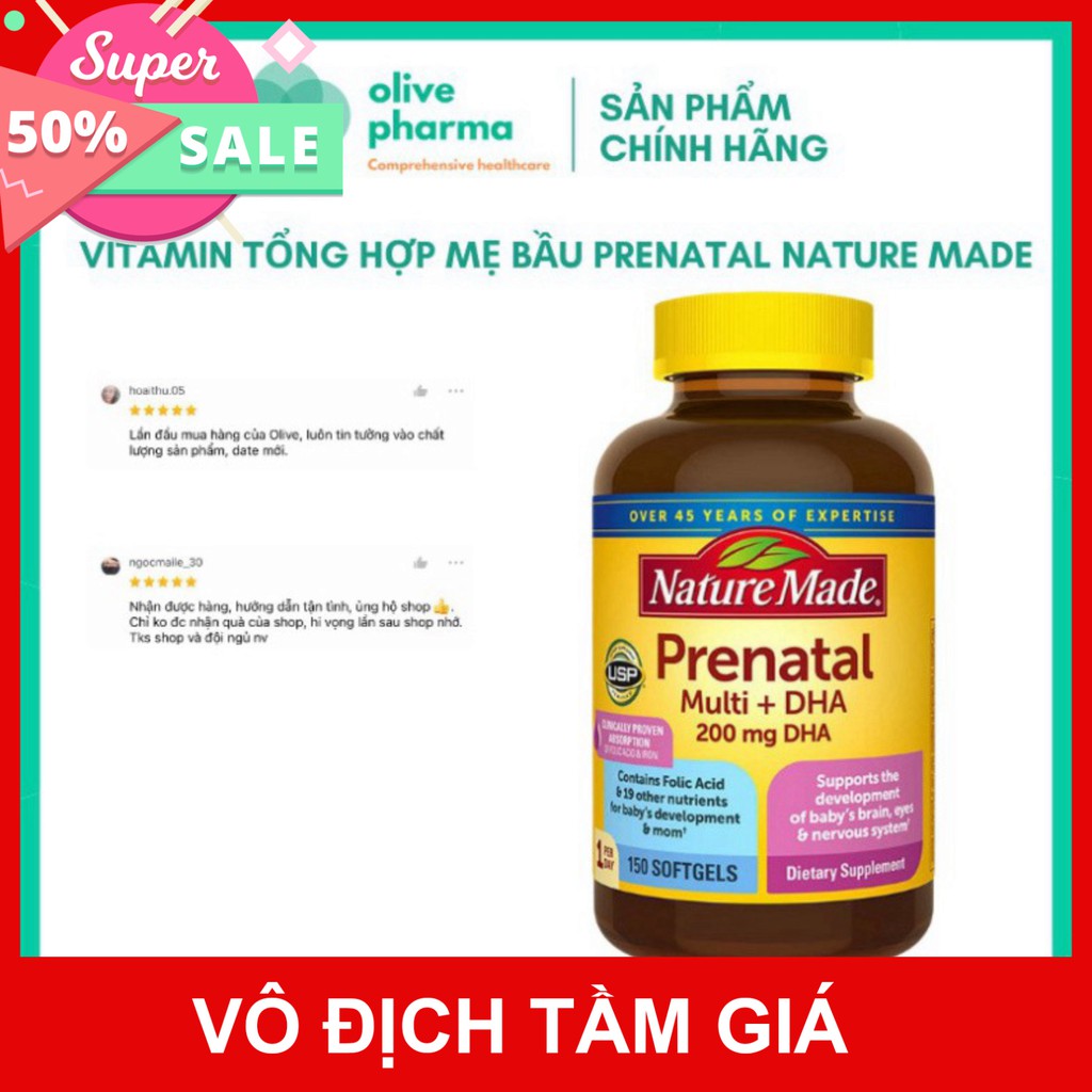 VÔ DỊCH TẦM GIÁ [150 Viên] Thuốc Bổ Cho Bà Bầu Nature Made Prenatal Multi DHA 200mg của Mỹ [Chuẩn USA] - Cho Bé Thông Mi