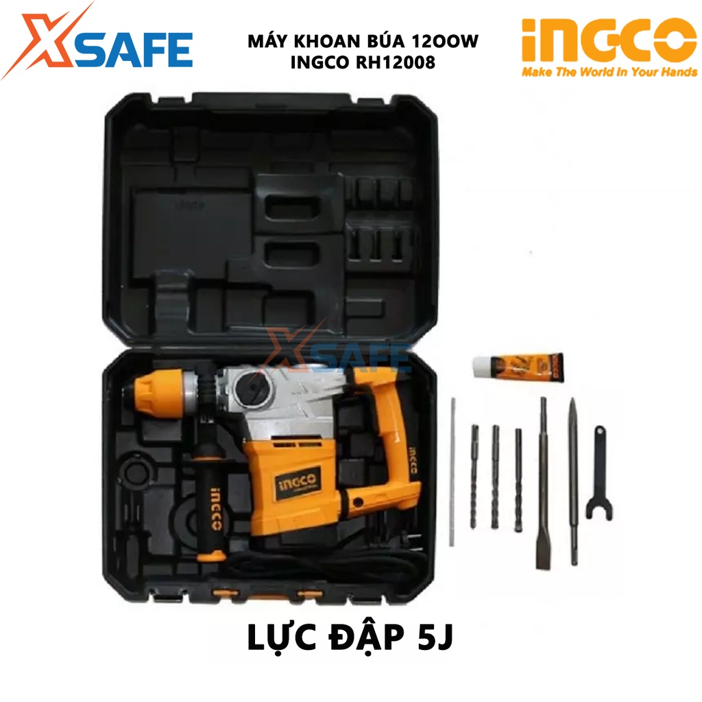 Máy khoan búa INGCO RH12008 công suất 1200W máy khoan đục bê tông, thép, gỗ, khoan đục phá tường, bê tông - chính hãng