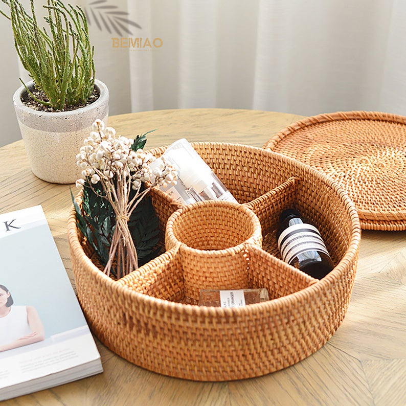 Khay mây tròn BEMIAO đựng mứt, bánh kẹo Tết | Thủ công xuất khẩu
