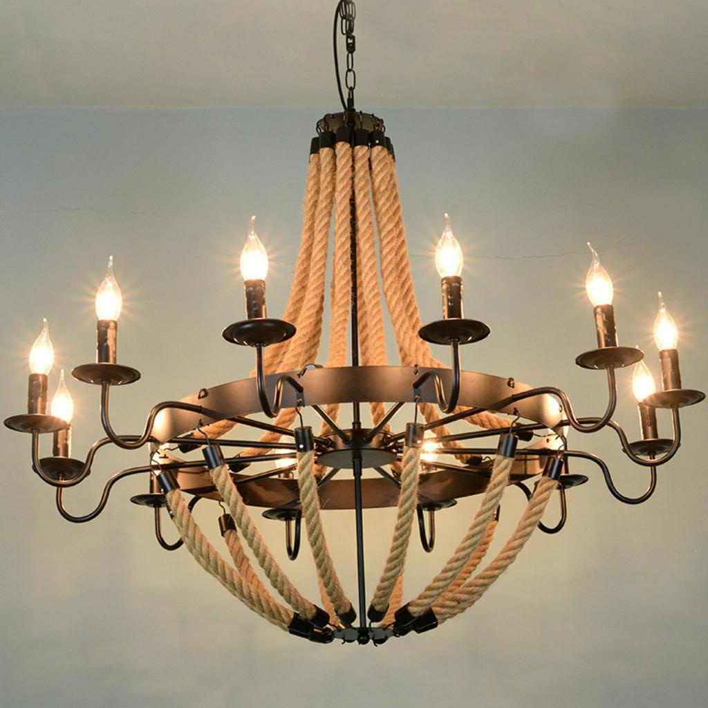 Đèn thả nến dây thừng khung sắt trang trí SuperVilighting mã NENKHUNGSAT-6-8B treo phòng khách, quán bar, thời trang,