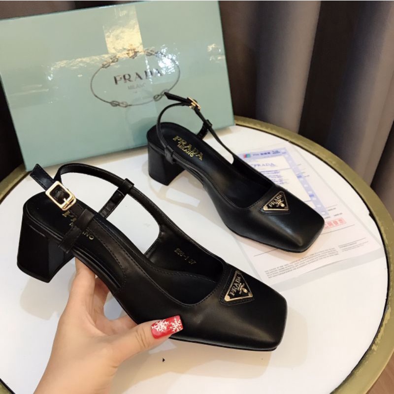 Tv(ẢNH THẬT) Sandal 5p Gót Vuông Prada Da Lì Mềm Êm Fullbox Giấy Túi