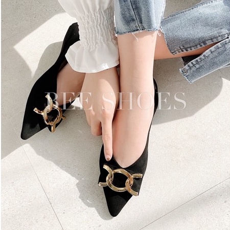 BEESHOES - GIÀY BÚP BÊ NỮ NHỌN - GIÀY BÚP BÊ NỮ DA LỘN ĐẾ BỆT SẴN MÀU ĐEN 211196