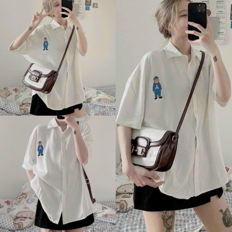 Áo Sơ Mi Thêu LOGO 4 Hình Cộc Tay 2 Màu Đen, Trắng Basic- Áo Kiểu Cổ Đức Ulzzang Unisex Hot Hit