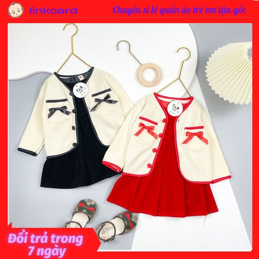 sét váy đầm bé gái kèm áo khoác cực đẹp diện tết - đầm cho bé gái thu đông dễ thương kèm áo khoác ngoài siêu sang chảnh.