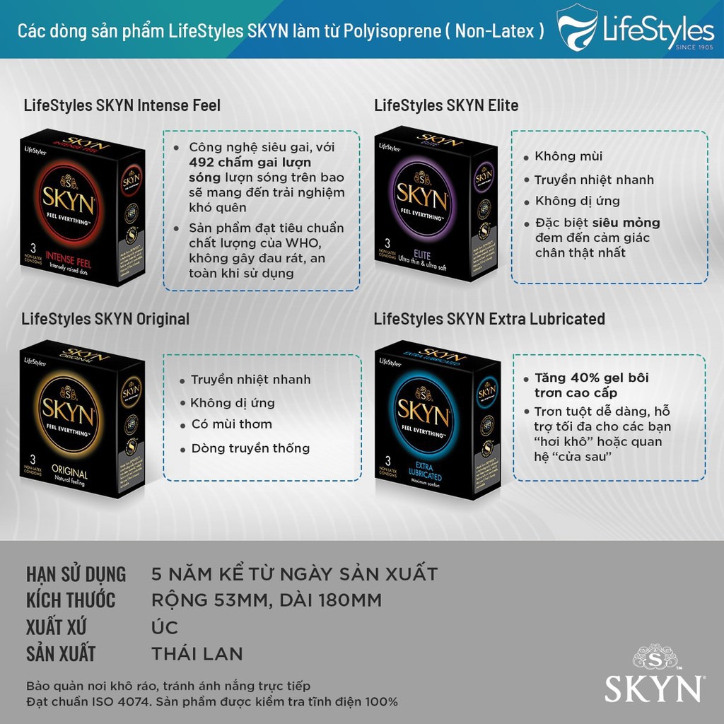 [Skyn]Bao cao su có gai LifeStyles SKYN Intense Feeling Non-latex bcs gai lượn sóng cao cấp 3 bao