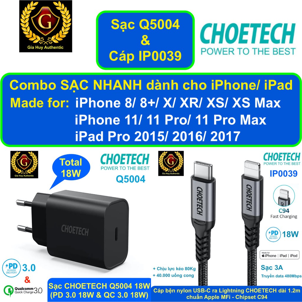 Combo sạc nhanh iPhone Samsung CHOETECH dành cho iPhone/ iPad Pro 2015/2016/2017