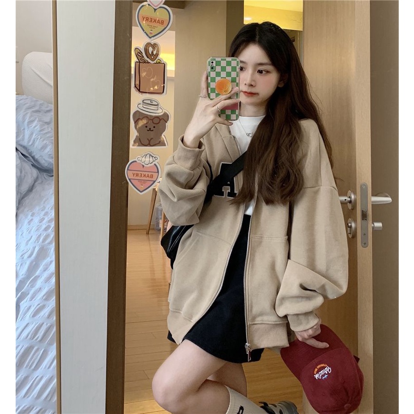 Áo Khoác Nâu Xinh Khóa Kéo Áo Khoác Nỉ Ngoại Mềm Mịn Form Rộng Unisex In Chữ OAHU