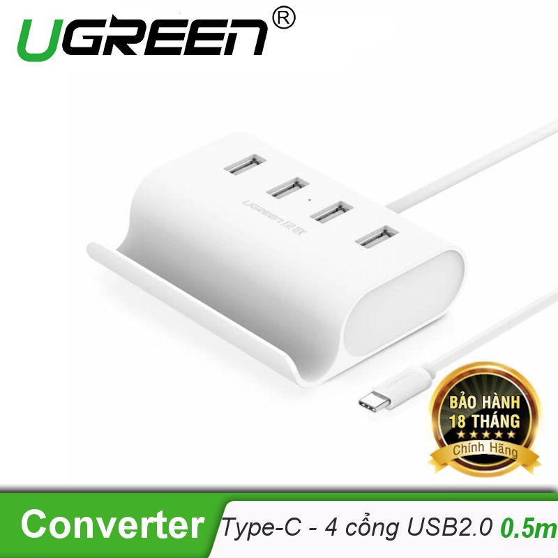 Bộ chia USB Type-C to 4 cổng USB 2.0 có Dây hỗ trợ nguồn micro USB dài 50CM UGREEN 30288