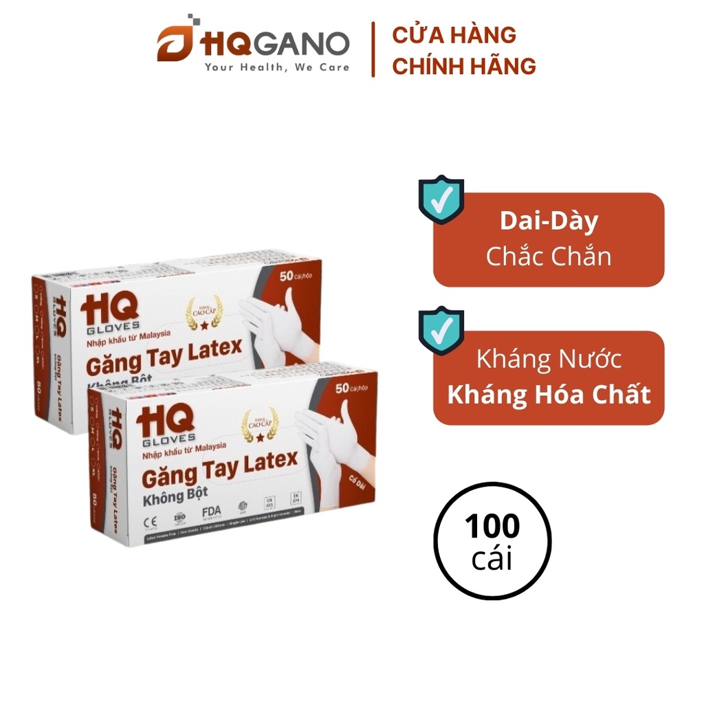 Găng Tay Latex Malaysia Hộp 100 cái HQGANO Không Bột, Dai-Dày-Chắc Chắn, Kháng Hóa Chất