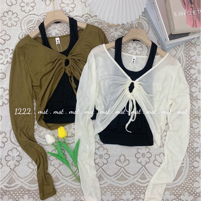 Set 2 món tách rời áo croptop dài tay cổ rút kèm áo bra phong cách cá tính dành cho nữ kèm ảnh thật