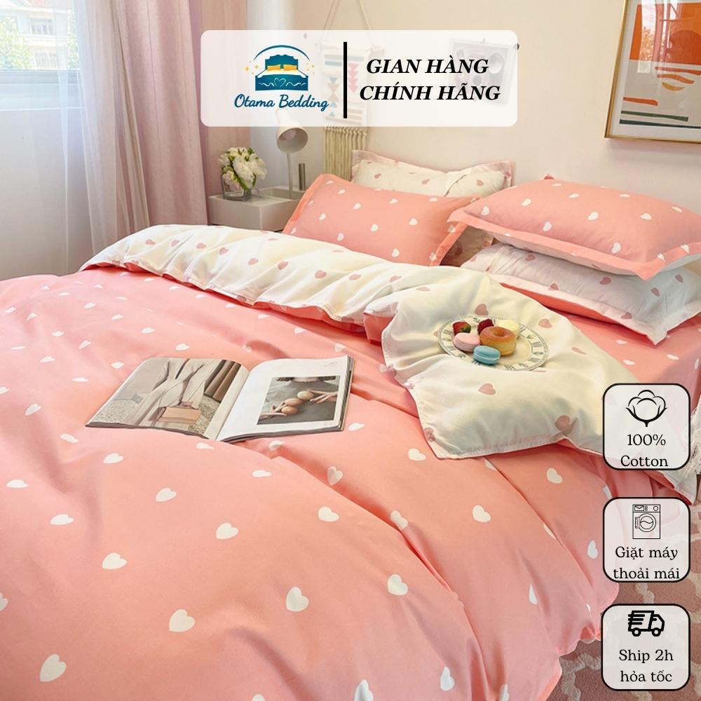Bộ chăn ga gối 4 món kèm vỏ gối cotton poly trái tim vintage , Bộ ga gối drap giường bo chun - Otama Bedding