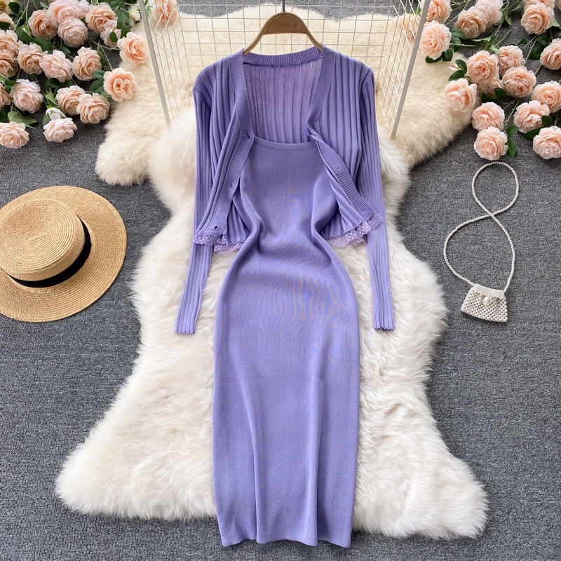 Đầm dây body + khoác tay dài, đầm dây kèm khoác ngắn phối ren chất thun gân