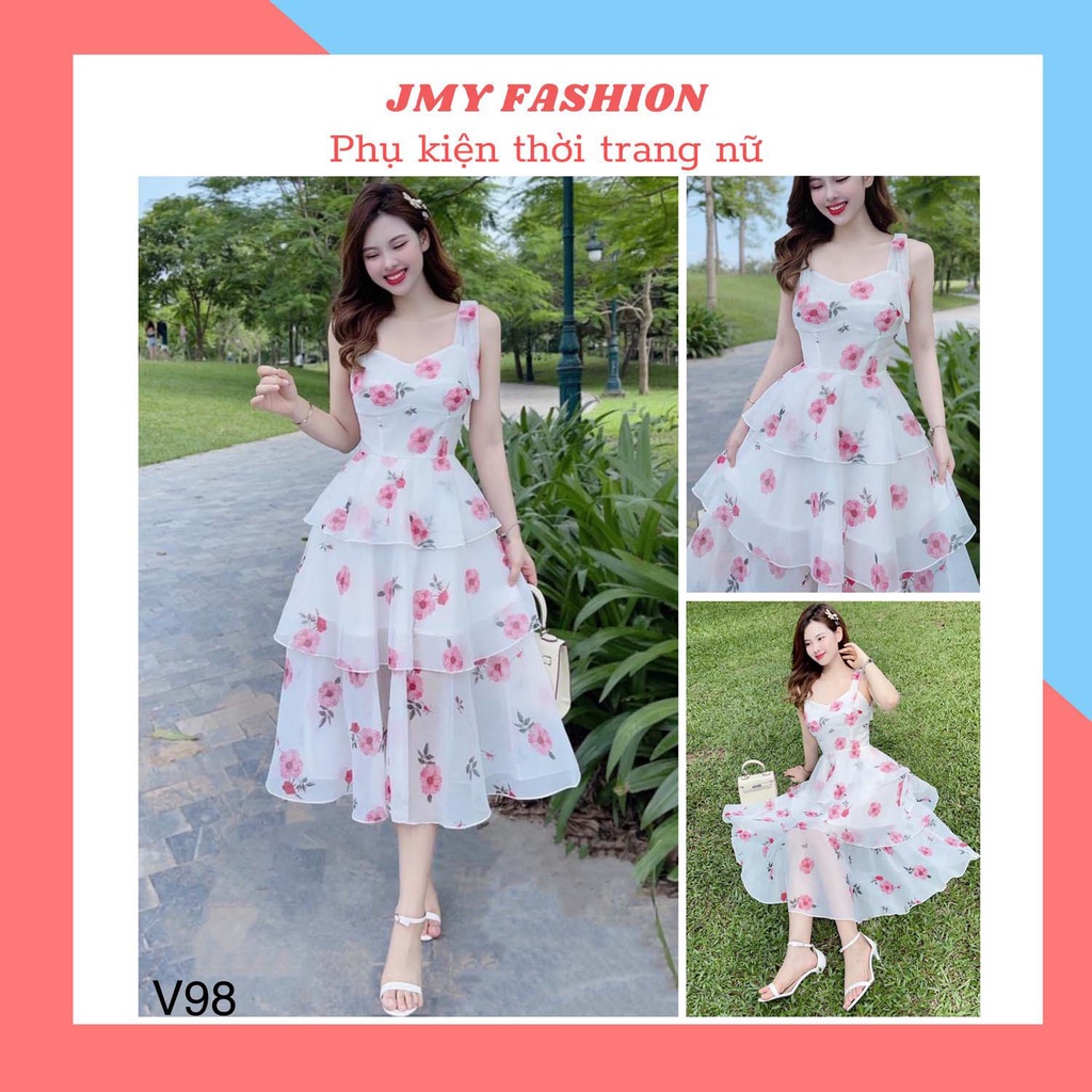 váy trắng hoa nhí dáng dài 3 tầng nữ tính - TH Hà Thanh