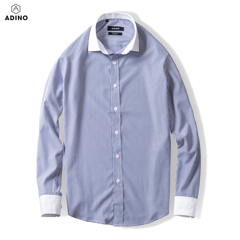 Áo sơ mi nam kẻ sọc màu xanh biển phối cổ trắng ADINO vải sợi sồi modal polyester mềm mịn dáng công sở slim hơi ôm SM11