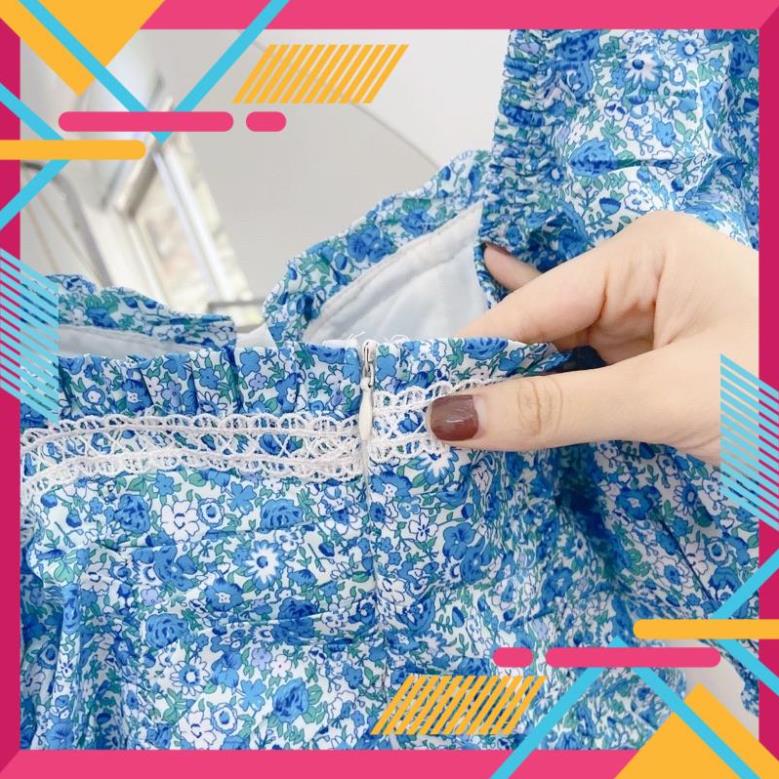 Đầm body hoa xanh nhí nhún thân viền ren nơ cổ