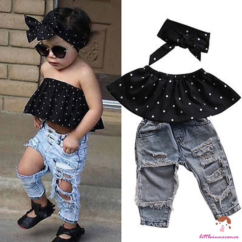 XZQ-Baby Girls Dot Off Shoulder Jeans Set 3PCS Summer Clothing