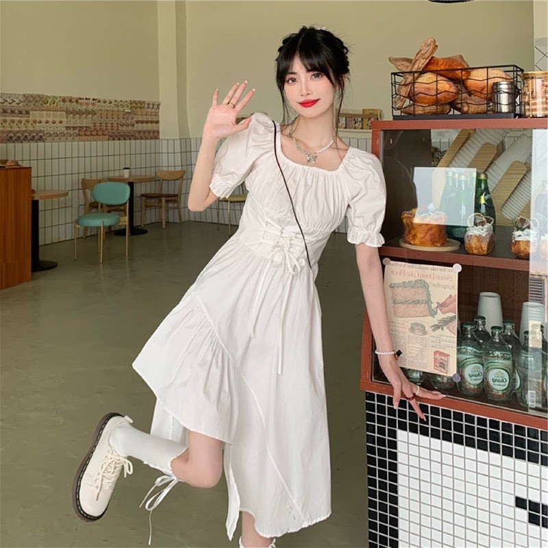 Váy suông cổ vuông lệch tầng dáng dài ulzzang/ Váy nữ ngắn tay đan dây eo mặc 2 kiểu_xuongmaythuhien