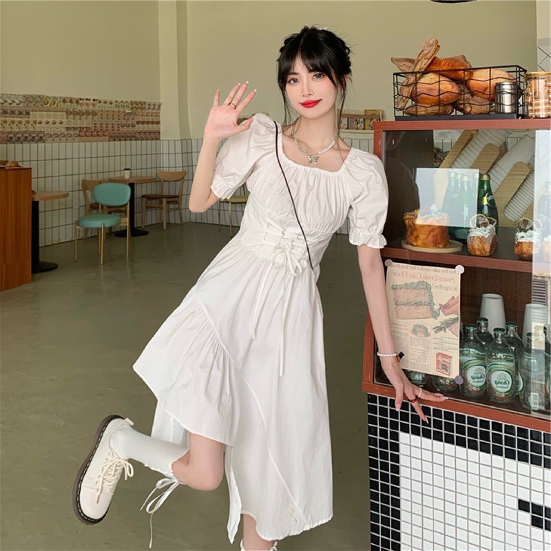 Váy suông cổ vuông lệch tầng dáng dài ulzzang/ Váy nữ ngắn tay đan dây eo mặc 2 kiểu_xuongmaythuhien | BigBuy360 - bigbuy360.vn