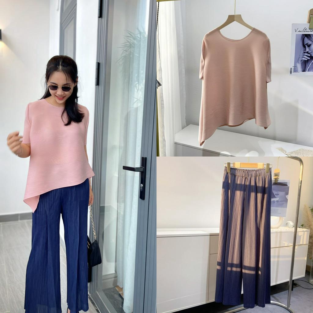 (HÀNG SẴN) Set áo lò xo nhuyễn cao cấp và quần ghép ly ống rộng - Set áo quần lò xo thanh lịch