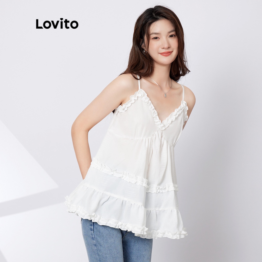 Áo sát nách Lovito cổ chữ v màu trơn viền nhún bèo phong cách dễ thương L29AD058 (màu trắng)