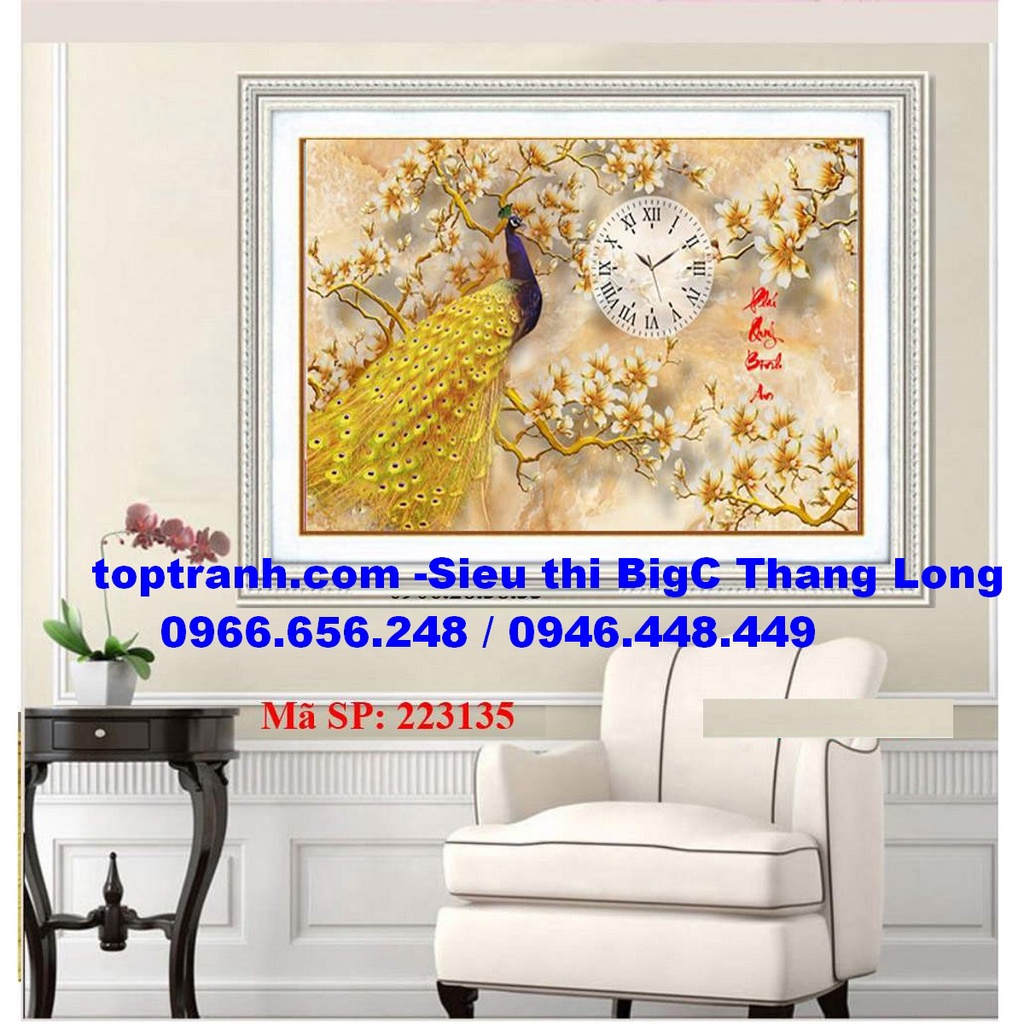 Tranh thêu chữ thập đồng hồ chim công phú quý bình an 223135 chưa thêu