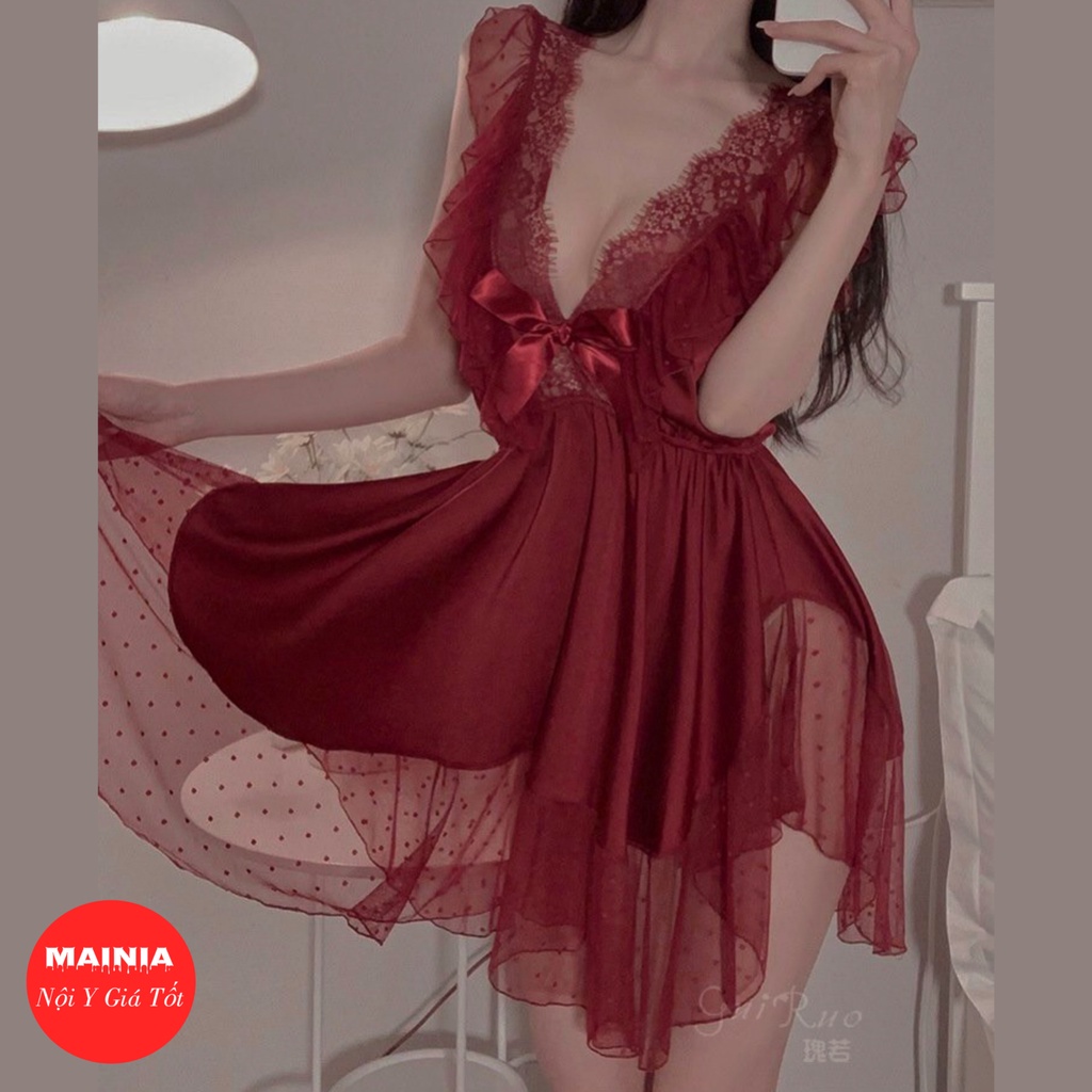 [Cao Cấp] Đầm Ngủ Váy Ngủ Voan Phối Ren Cổ V Gợi Cảm Sexy Quyến Rũ Mainia Shop