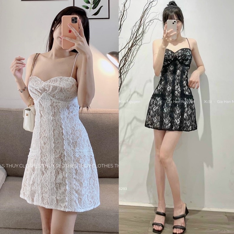 (Hình mẫu và sàn thật 100%)  ĐẦM 2 DÂY XOÈ CÚP NGỰC REN HOA🤍🖤