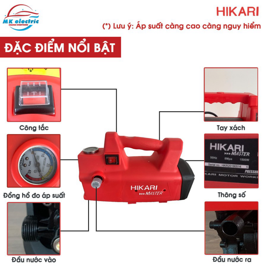 Máy Rửa Xe  Máy rửa xe mini I Máy rửa xe cao áp HIKARI 2000W HK-H3 - Có áp chống giật + Chống cháy Chất Lượng Cao