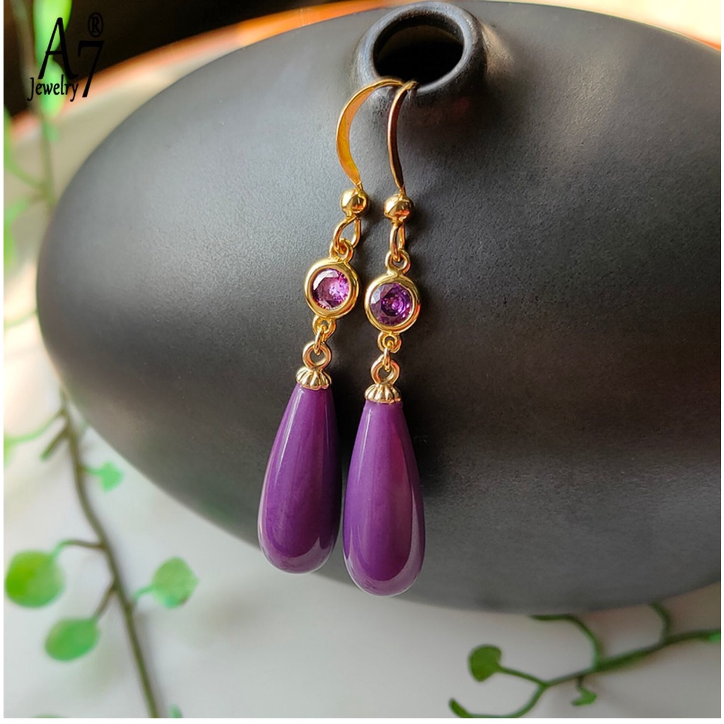 Bông Tai Bạc 925 Hình Giọt Nước Đính Đá Tím Phong Cách Đơn Giản Thời Trang