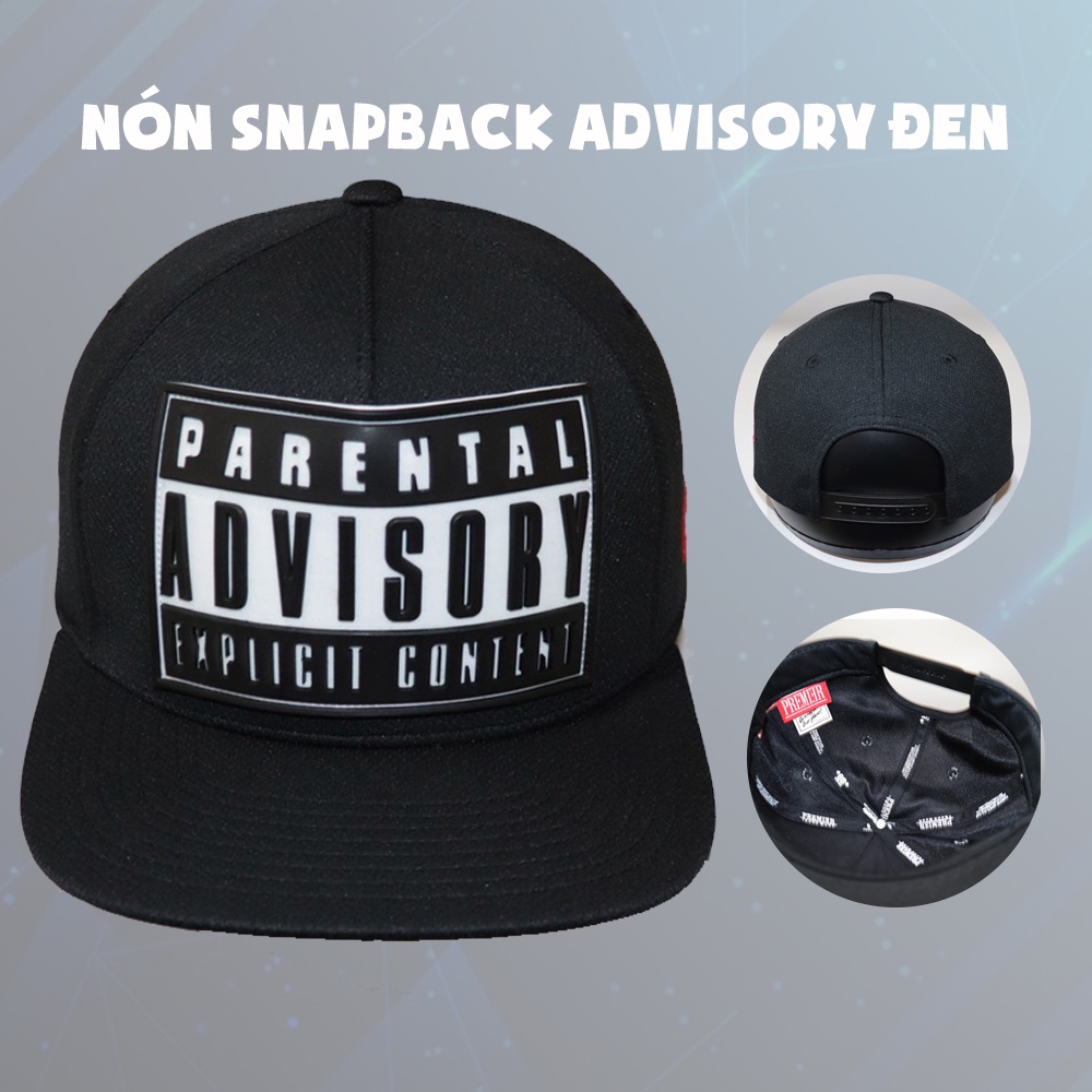 Nón kết nón Snapback Advisory full đen in hình logo đen nền trắng AD002