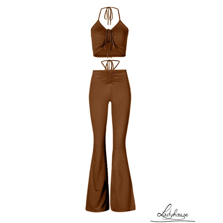 Bộ Trang Phục 2 Mảnh Gồm Áo Hai Dây Màu Trơn Và Quần Dài Lưng Cao Dành Cho Nữ 4 Màu Lựa Chọn