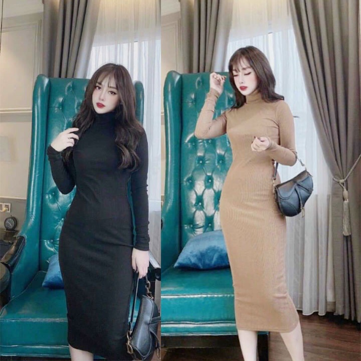 Váy body cổ lọ cao, tay bo nhẹ, phom dài,, tà xẻ nhẹ siêu tốn dáng đẹp - Yubishop YBLMV220