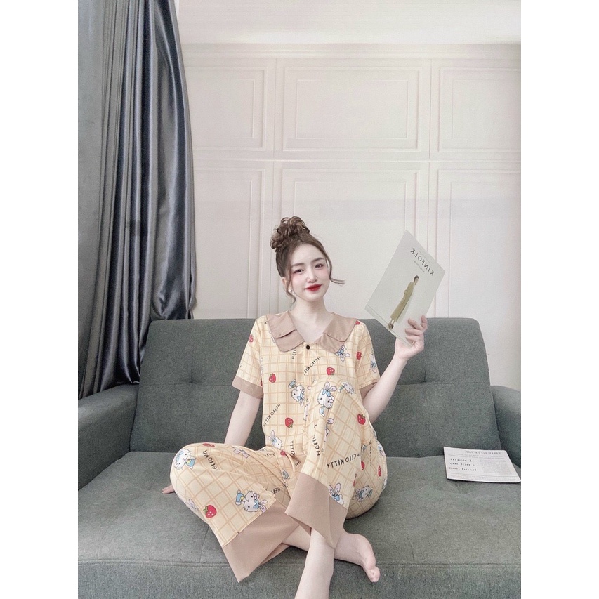 Bộ pijama tay ngắn quần dài, kiểu cổ sen, chất lụa mát, quần dài kín đáo, phom thoải mái, dưới 55kg- tùy chiều cao