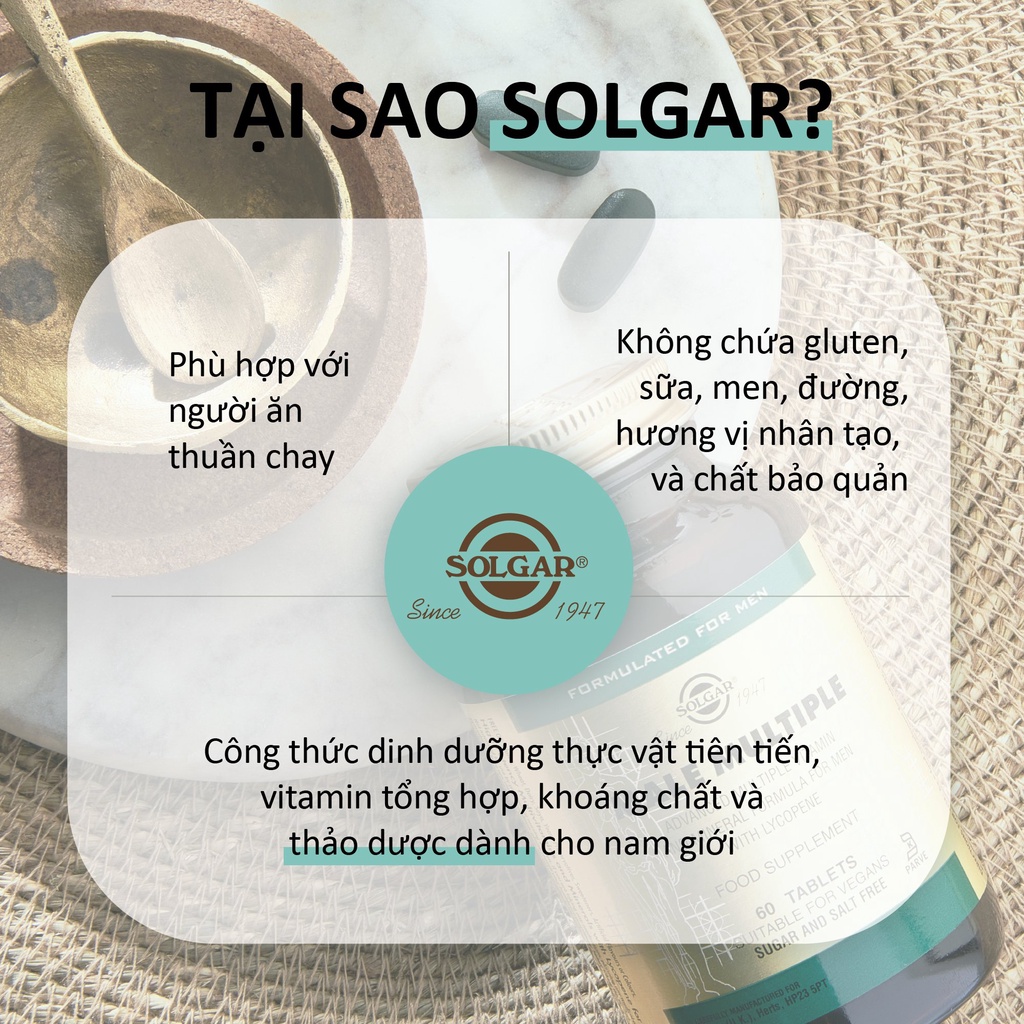 Viên uống Solgar Male Multiple - Giúp Tăng Cường Miễn Dịch, Giảm Stress, Chuyển Hóa Năng Lượng [Lọ 60 Viên]