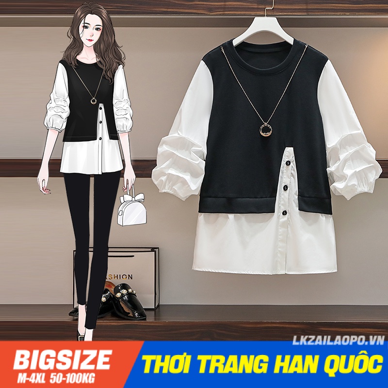 Áo sơ mi Bigsize Áo kiểu nữ form rộng Giả Hai tay ngắn cổ tròn mùa thu Phong cách Hàn Quốc Thời Trang cá tính xinh đẹp cho người mập béo nữ