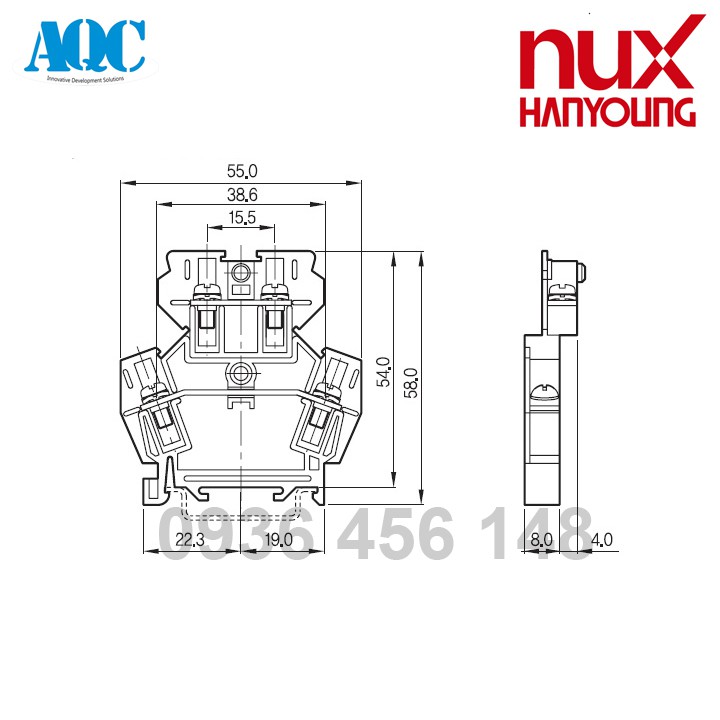 Cầu đấu dây - domino 2 tầng 15A Hanyoung Nux - combo 10 cái tặng kèm miếng chặn cuối