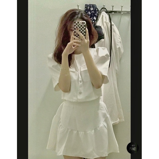|KIMMY SET| Set trắng áo tiểu thư chân váy xếp tà TLÉA