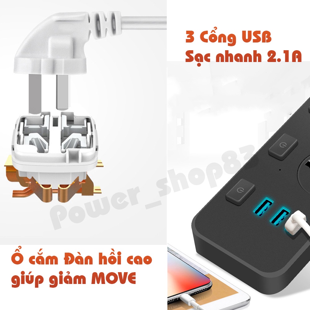 Ổ cắm điện thông minh, Tiger Life - 3 cổng USB sạc nhanh 5V-2.1A công suất 2500W nối dài 1,8M TG03