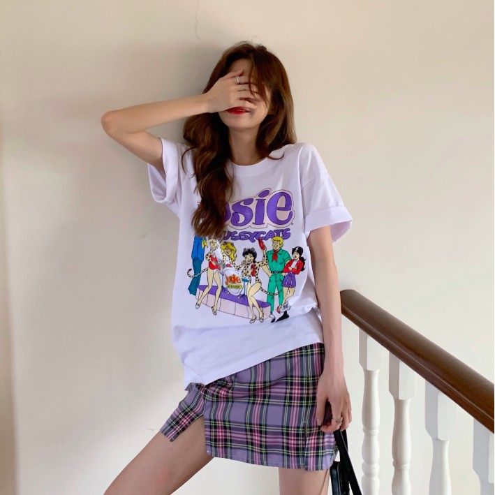 SẴN | SET ÁO THUN HOẠT HÌNH + CHÂN VÁY KẺ SỌC TÍM CÁ TÍNH ULZZANG