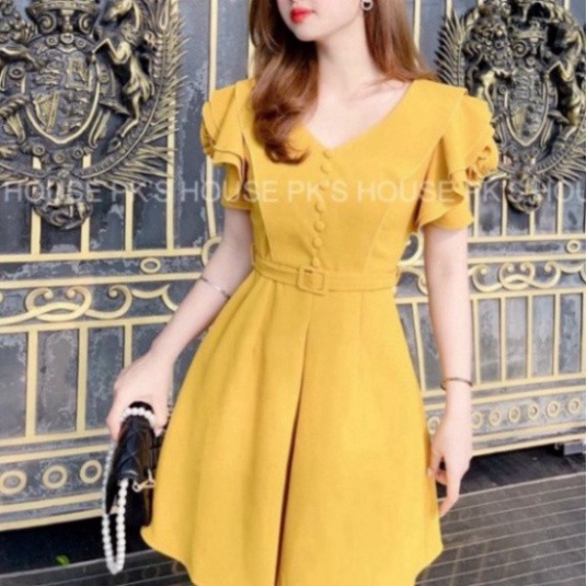 váy Thiết Kế Dáng Suông Vàng Tay Hoa Cúc Bọc V1877, Váy Suông Tafta Cao Cấp -2021 | BigBuy360 - bigbuy360.vn