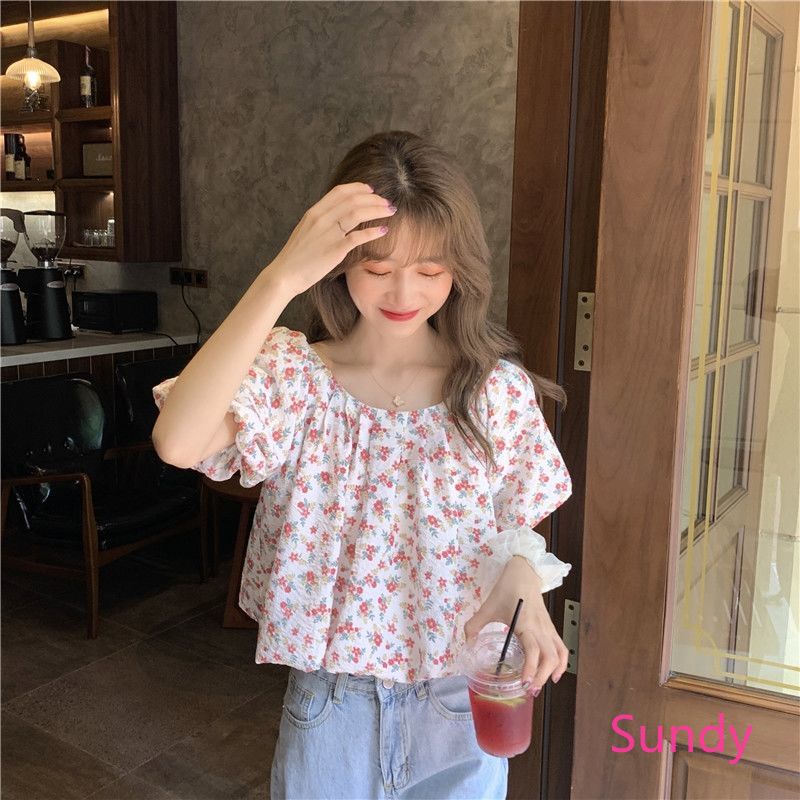 Áo Sơ Mi Voan Tay Phồng Họa Tiết Hoa Thời Trang Mùa Hè Cho Nữ