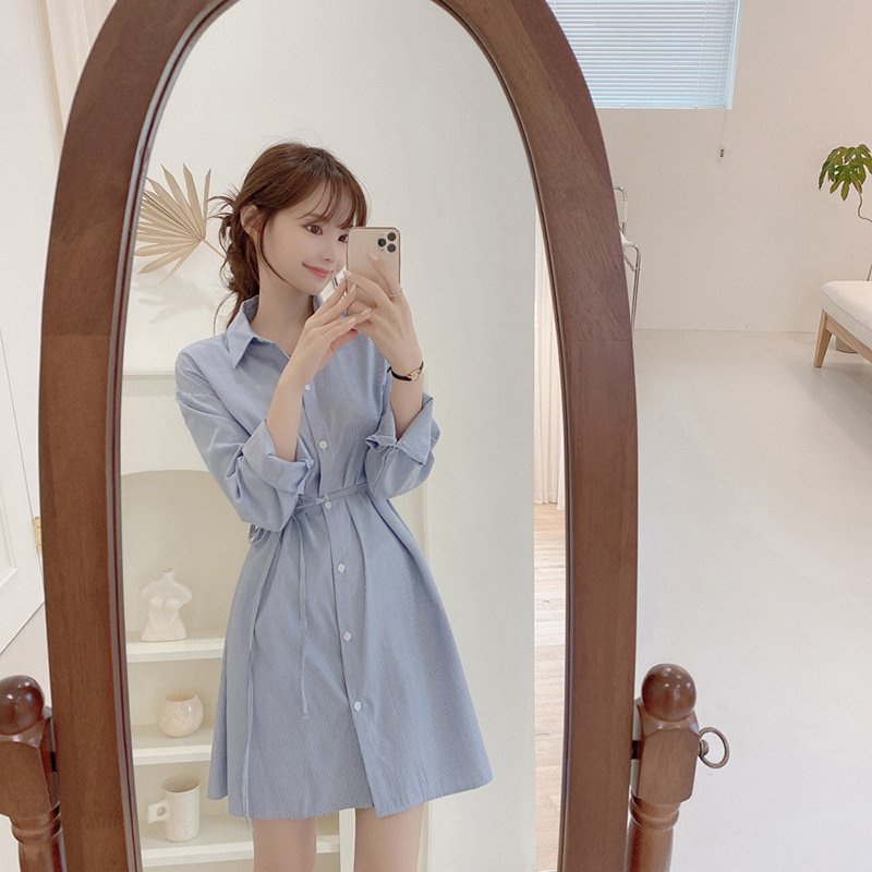 Đầm Sơ Mi Xanh Kẻ Sọc Dáng Dài Kèm Dây Thắt Lưng, Váy Thiết Kế Sơ Mi Kiểu Hàn Hot Trend Da26