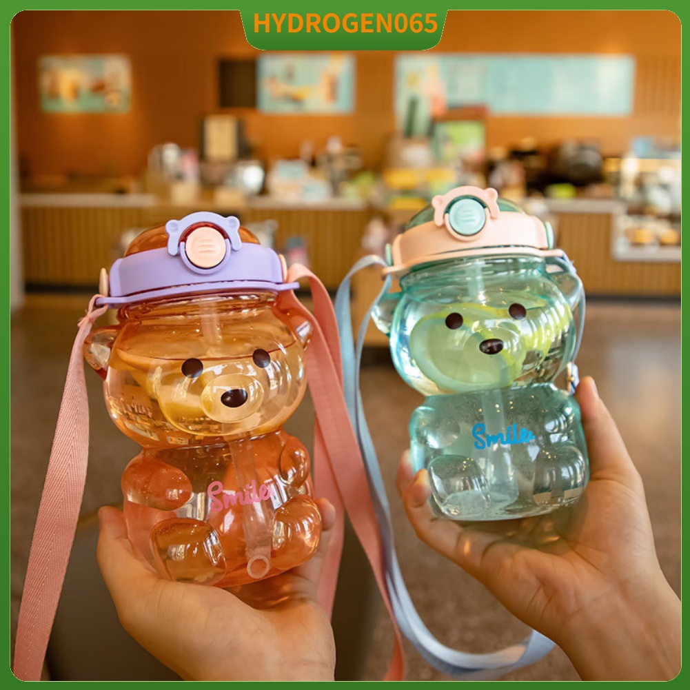 Chai nước Gấu Chai Rơm dễ thương Bình nước có Công suất lớn với Dây đai Có thể Điều chỉnh Ống hút thẳng Hydrogen065
