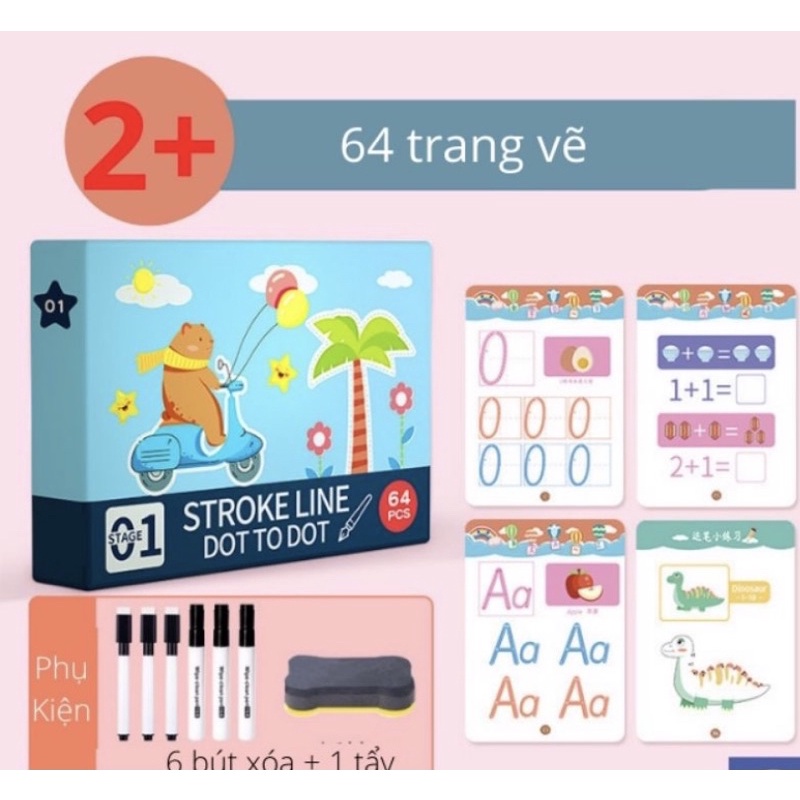 Bộ tập tô vẽ thông minh xoá được, đồ chơi giáo dục sớm cho bé, nét cơ bản, nối số montessori rèn luyện tính kiên trì