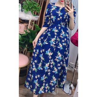 [Đầm Maxi] Tiểu Thư lụa cổ vuông tay phồng - Freesize đến 70kg
