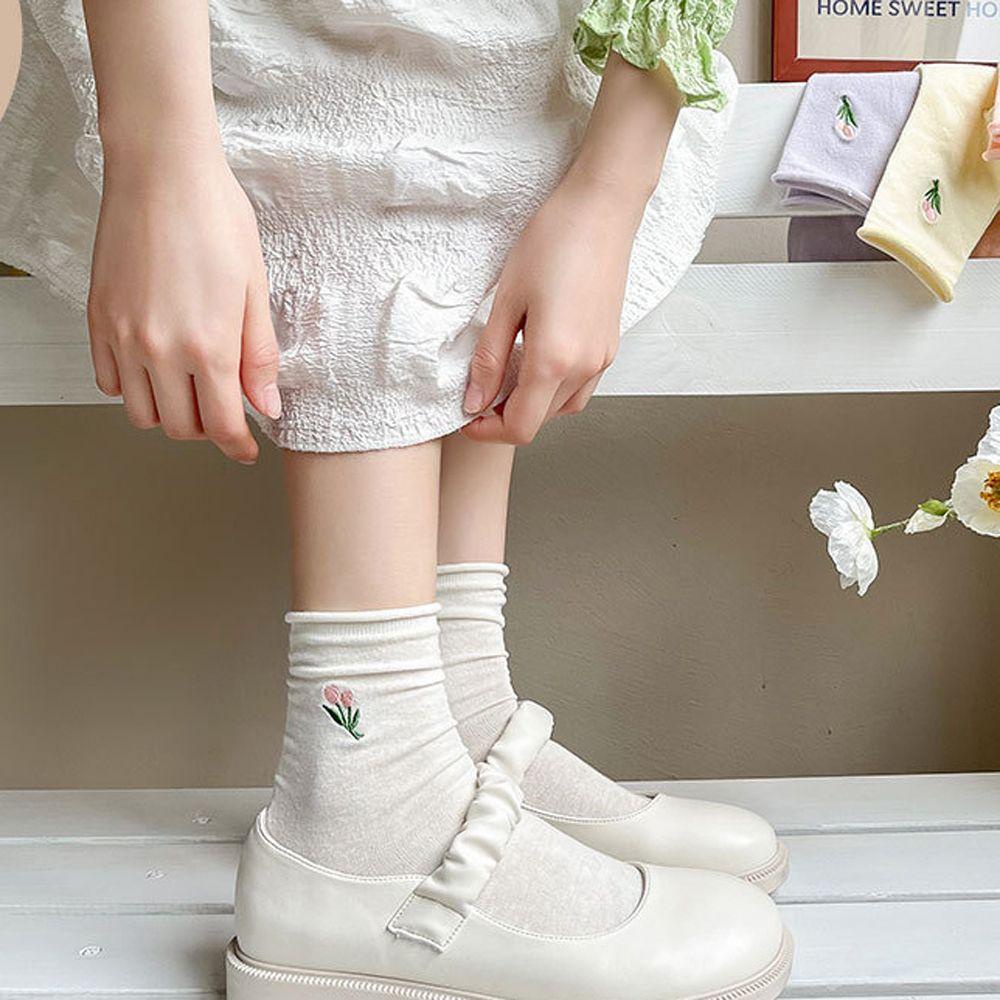 Vớ Cotton Màu Trơn Thoáng Khí Thêu Hình Hoa Tulip Thời Trang Cho Nữ