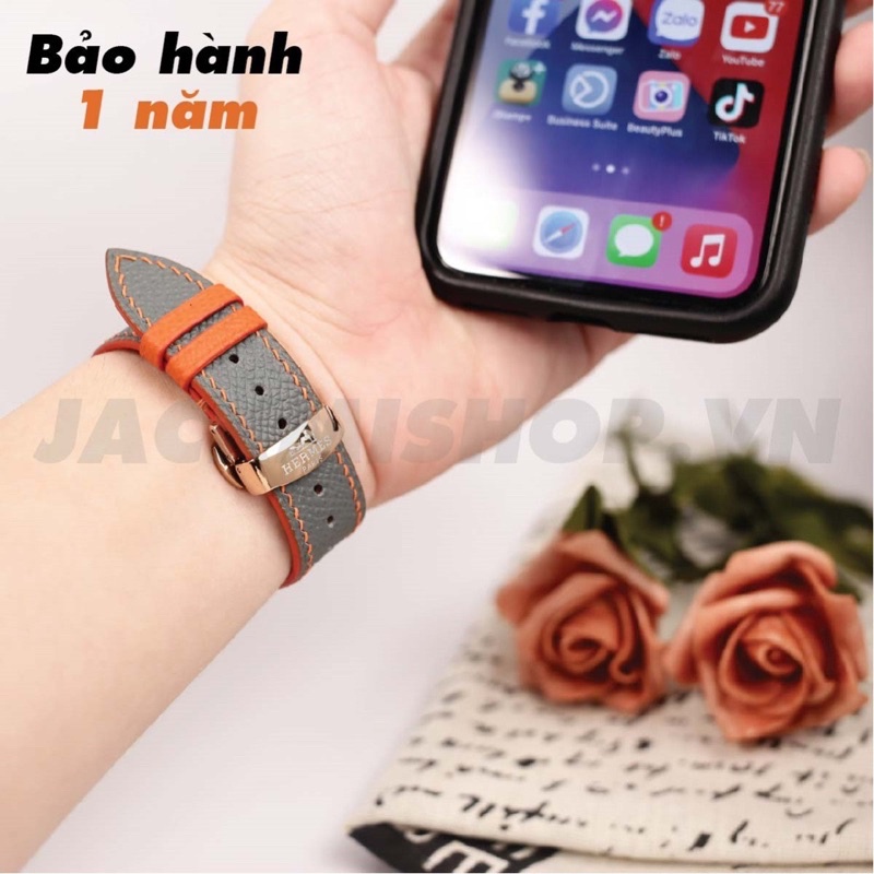 [BẢO HÀNH 1 NĂM] Dây Da EPSOM may tay thủ công màu Xám chỉ Cam khóa Bướm cho Apple Watch series 1/2/3/4/5/6/7