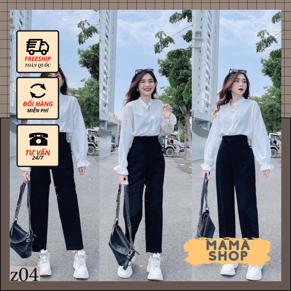 Quần baggy đi học sinh nữ cúc lệch form rộng - Cạp viền lưng cao màu Đen - Vải tuyết mưa - Dáng quần baggy công sở