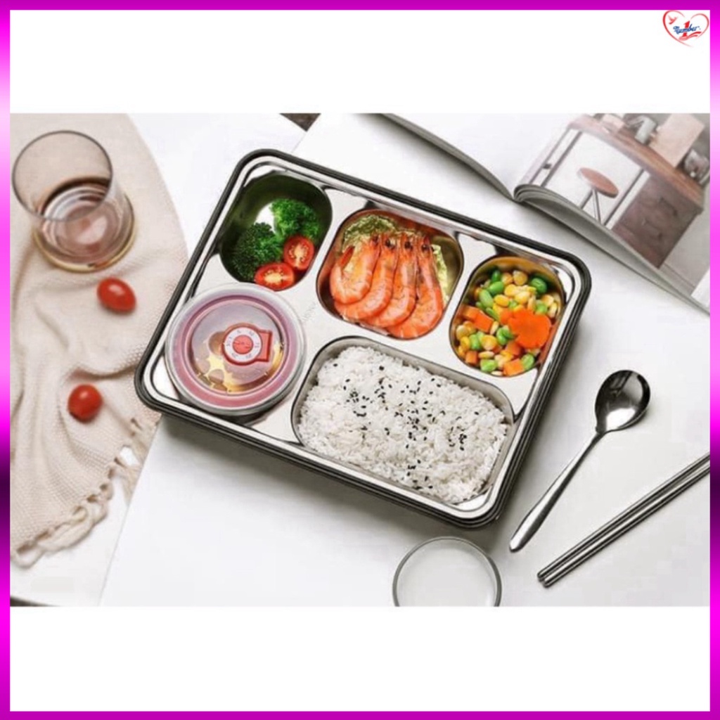 Hộp cơm văn phòng khay Inox 5 ngăn, có giá để điện thoại