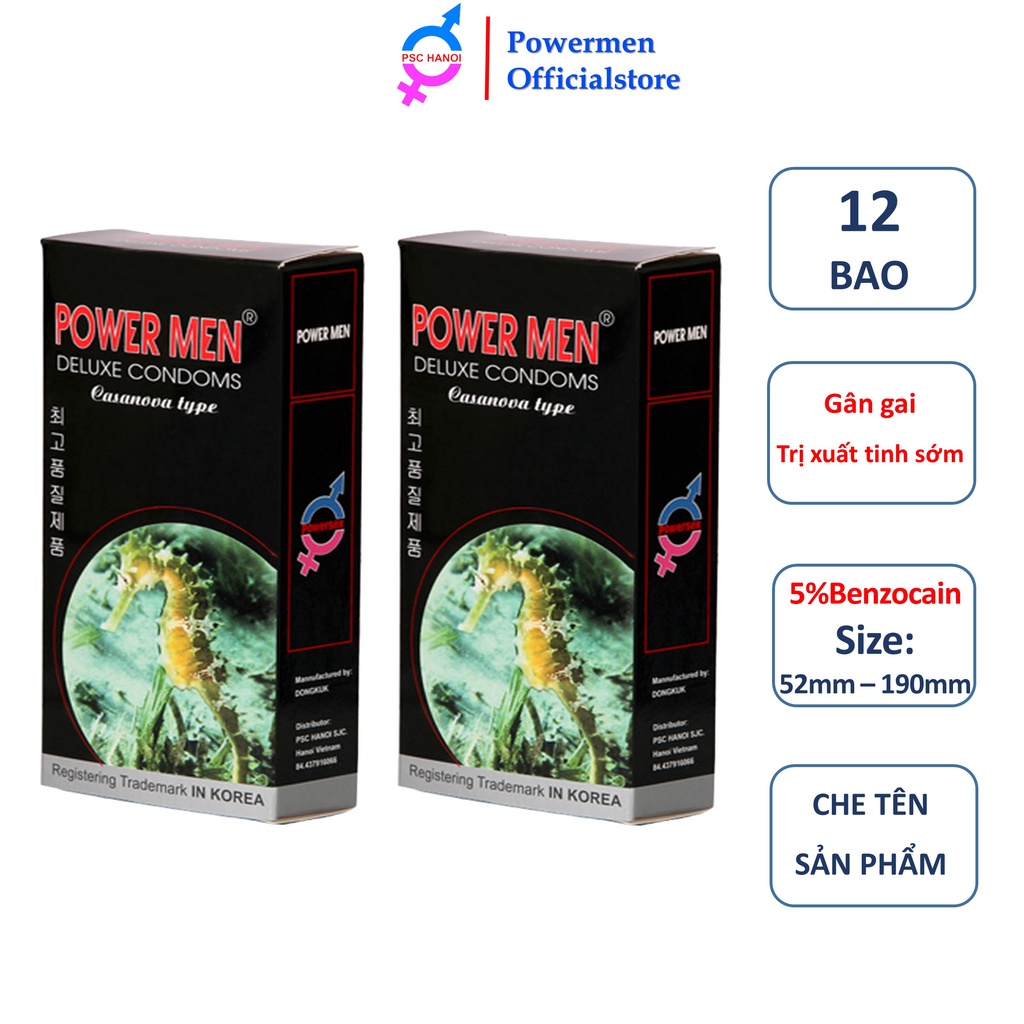 Combo 2 hộp 24 Bao cao su Powermen siêu mỏng siêu kéo dài thời gian bao cao su cá ngựa đen hộp 12 bcs